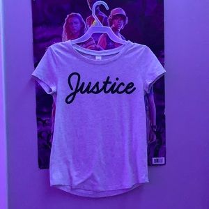 Justice shirt. Gray with black lettering.